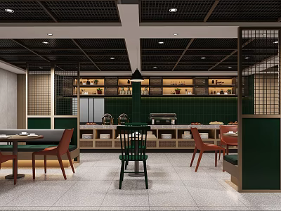 Contemporary Restaurant Interior With Green Walls Red Chairs Dining Tables And Ceiling Lights 3d model