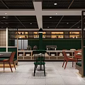 Contemporary Restaurant Interior With Green Walls Red Chairs Dining Tables And Ceiling Lights