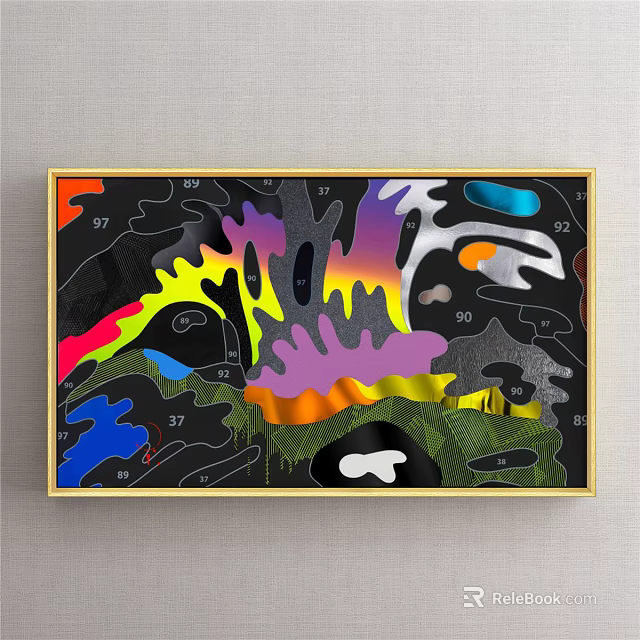 Modern Abstract Painting With Vibrant Multicolored Shapes And Numbers On Black Background 3d model