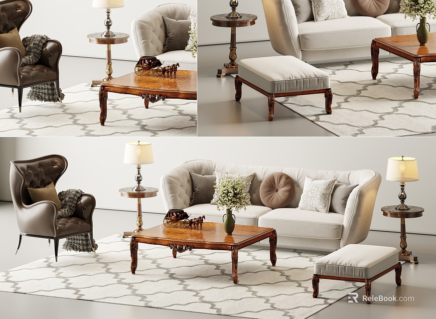 Modern Sofa and Coffee Table Set with Ottoman Side Table Table Lamp and Decorative Pillows 3d model 