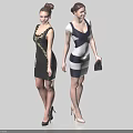Two Women in Stylish Dresses with High Heels and Handbag Standing Side by Side