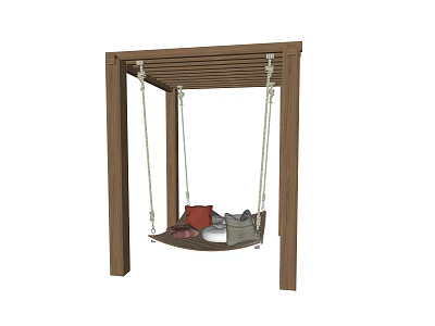Outdoor Hanging Hammock Chair With Wooden Frame And Red Cushions 3d model
