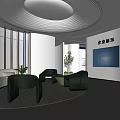 Modern Corporate Showroom Interior With White Sofa Green Chairs And Display Screen 3d model