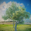Tall Tree With Lush Green Leaves Under Blue Sky Clouds Near Grass Field And Beach