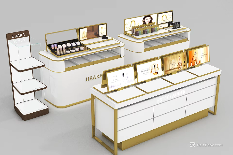 Modern URARA Cosmetics Display Shelves With White Gold Frames And Product Screens 3d model 