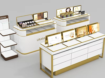 Modern URARA Cosmetics Display Shelves With White Gold Frames And Product Screens 3d model
