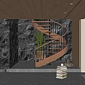 Wooden Spiral Staircase With Metal Railings Rock Wall Cactus Plant And Stack of Books Nearby