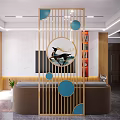 Modern Interior Design With Golden Frame Room Divider And Blue Circular Decorations 3d model