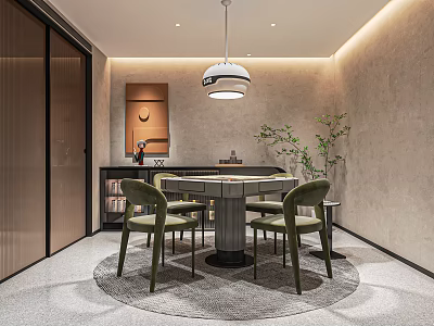 Elegant Hotel Mahjong Room Modern Interior With Round Table Green Chairs And Hanging Lamp 3d model