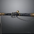 Decorative Vintage Sickle With Chain And Black Wooden Handle Brass Accents