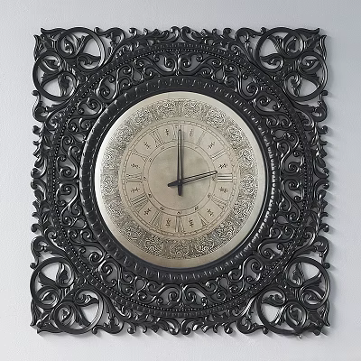 Vintage Decorative Clock With Intricate Carved Black Frame And Light Colored Roman Numeral Dial 3d model