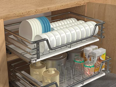 Kitchen Cabinet Drawer Organizer With Plates Jars And Glasses Storage 3d model