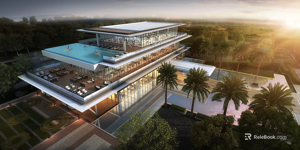 Modern Sales Office Building With Glass Facade Rooftop Pool And Palm Trees 3d model 