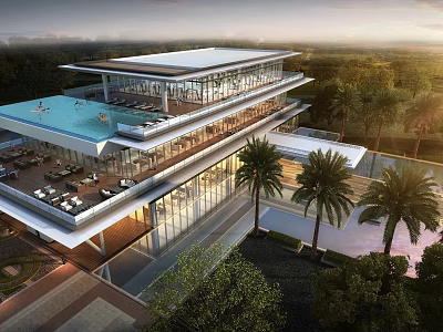 Modern Sales Office Building With Glass Facade Rooftop Pool And Palm Trees 3d model