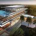 Modern Sales Office Building With Glass Facade Rooftop Pool And Palm Trees