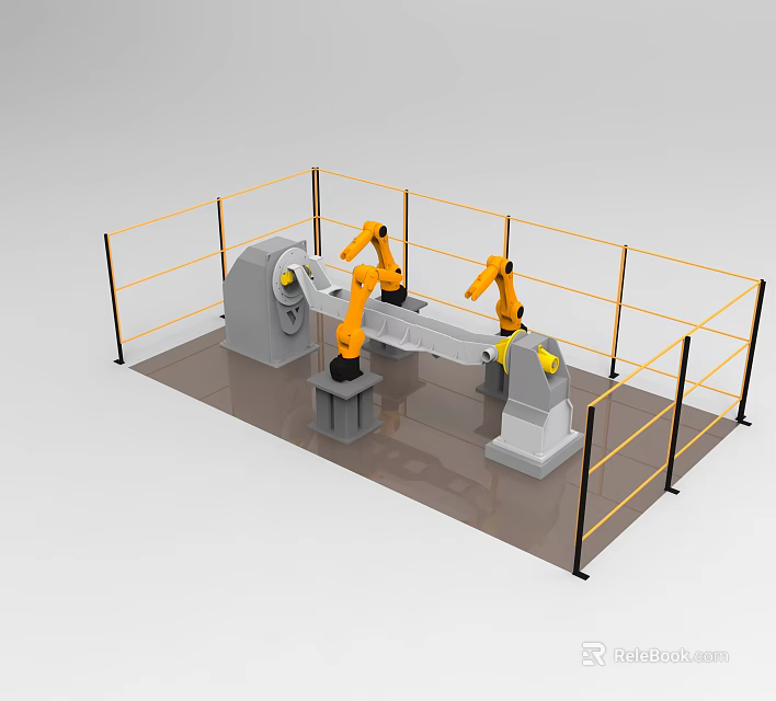 Industrial Workstation With Dual Robotic Arms And Yellow Safety Fencing 3d model 