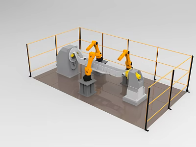 Industrial Workstation With Dual Robotic Arms And Yellow Safety Fencing 3d model