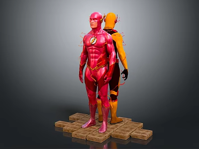 Two Superheroes in Red and Yellow Costumes with Lightning Logo Standing on Brick Platform 3d model