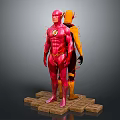 Two Superheroes in Red and Yellow Costumes with Lightning Logo Standing on Brick Platform