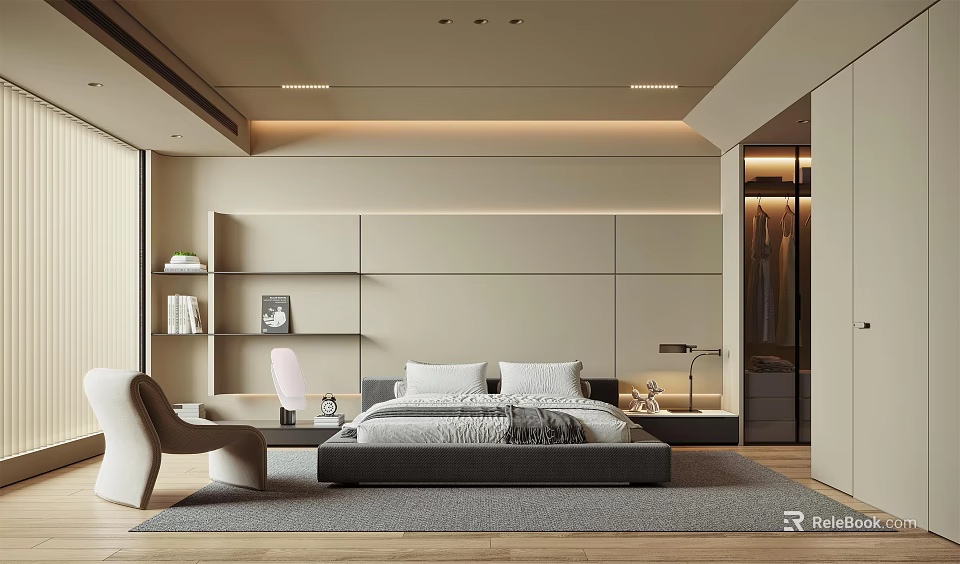 Modern Bedroom Interior With Neutral Tones Bed Nightstand Chair And Bookshelf 3d model 