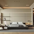 Modern Bedroom Interior With Neutral Tones Bed Nightstand Chair And Bookshelf