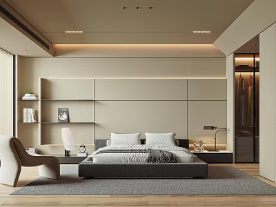Modern Bedroom Interior With Neutral Tones Bed Nightstand Chair And Bookshelf 3d model