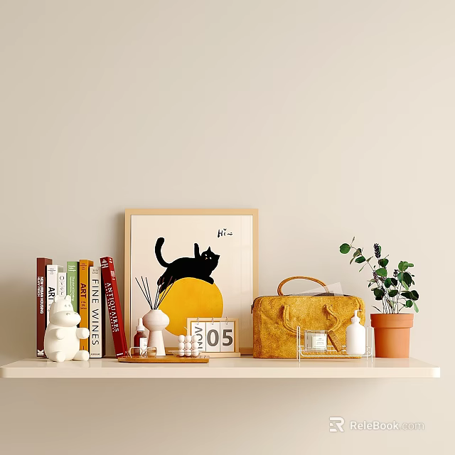 Decorative Ornament Set With Black Cat Framed Art White Cat Figurine Books And Green Plant 3d model 