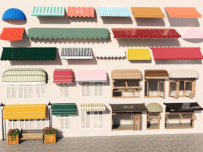 Colorful Awnings Collection With Various Patterns Windows Benches And Flower Boxes 3d model