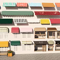 Colorful Awnings Collection With Various Patterns Windows Benches And Flower Boxes