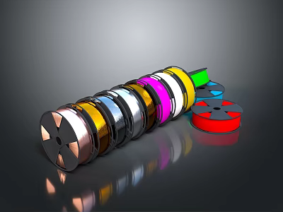 Colored Adhesive Tape Rolls In Various Shades Arranged On Reflective Surface 3d model