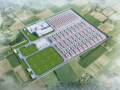 Industrial Factory Complex With Rows of Buildings Green Fields and Wind Turbines 3d model