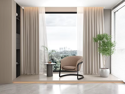 Beige Floor to Ceiling Curtains in Modern Interior with Armchair Green Plant and City View 3d model