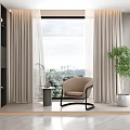 Beige Floor to Ceiling Curtains in Modern Interior with Armchair Green Plant and City View