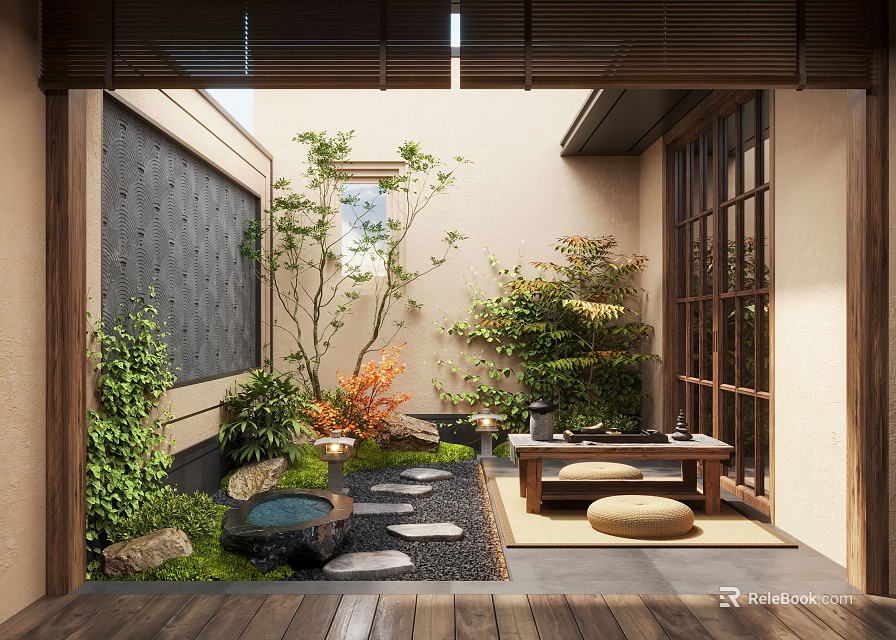 Japanese Zen Courtyard Garden Featuring Stepping Stones Moss Stone Lanterns And Wooden Flooring 3d model 