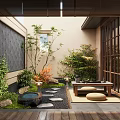 Japanese Zen Courtyard Garden Featuring Stepping Stones Moss Stone Lanterns And Wooden Flooring