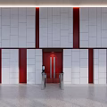 Spacious Modern Hall Interior Design With White Walls Red Accent Strips And Light Floor
