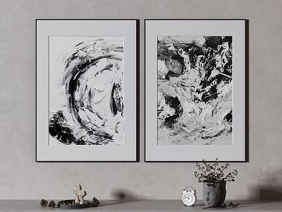 Framed Black And White Abstract Paintings With Wall Decor Ornaments And Vase 3d model
