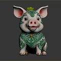 Cute Pig Shaped Living Decor Figurine With White Green Intricate Patterns