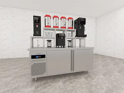Stainless Steel Commercial Beverage Functional Table with Coffee Machines Red Containers and Under Counter Refrigeration 3d model