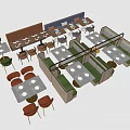 Public Chairs In Restaurant Layout With Booth Seating Dining Tables And White Plates 3d model