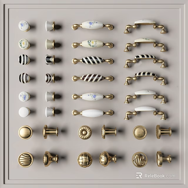 Various Style Furniture Handles for Cabinets Drawers with Golden Ceramic Details and Decorative Designs 3d model 
