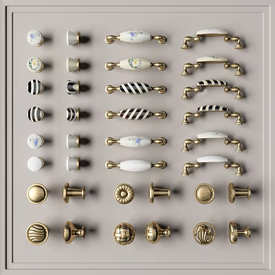 Various Style Furniture Handles for Cabinets Drawers with Golden Ceramic Details and Decorative Designs 3d model