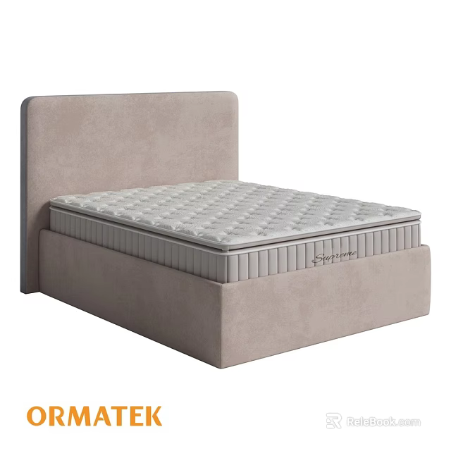 Modern Double Bed With Light Gray Upholstered Headboard And Mattress 3d model 