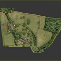 Cartoon Country Scene With Green Meadow Trees Small Houses And Rolling Hills