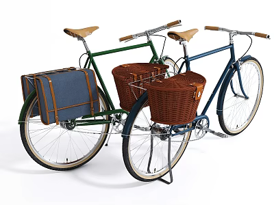 Green And Blue Bicycles With Front Wicker Baskets And Rear Canvas Luggage 3d model