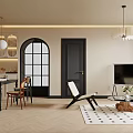 Modern Living and Dining Room with Sofa Chairs Decorative Paintings Pendant Lights and Herringbone Floor