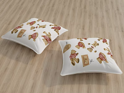 White Throw Pillows Featuring Teddy Bear And Cookie Prints On Wooden Floor 3d model