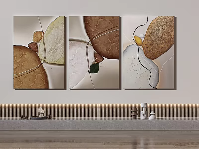 Three Panel Abstract Paintings Featuring Brown Beige Green Irregular Shapes And Curved Lines 3d model