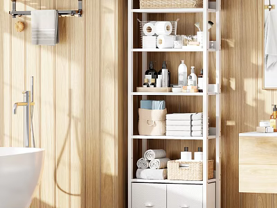 White Bathroom Storage Shelf With Towels Baskets Toiletries In Wooden Wall Bathroom And Natural Light 3d model