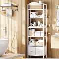 White Bathroom Storage Shelf With Towels Baskets Toiletries In Wooden Wall Bathroom And Natural Light